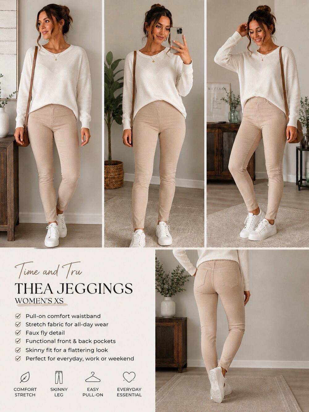 Time and Tru Thea Jeggings Women’s XS Beige Pull-On Stretch Skinny Pants Pockets